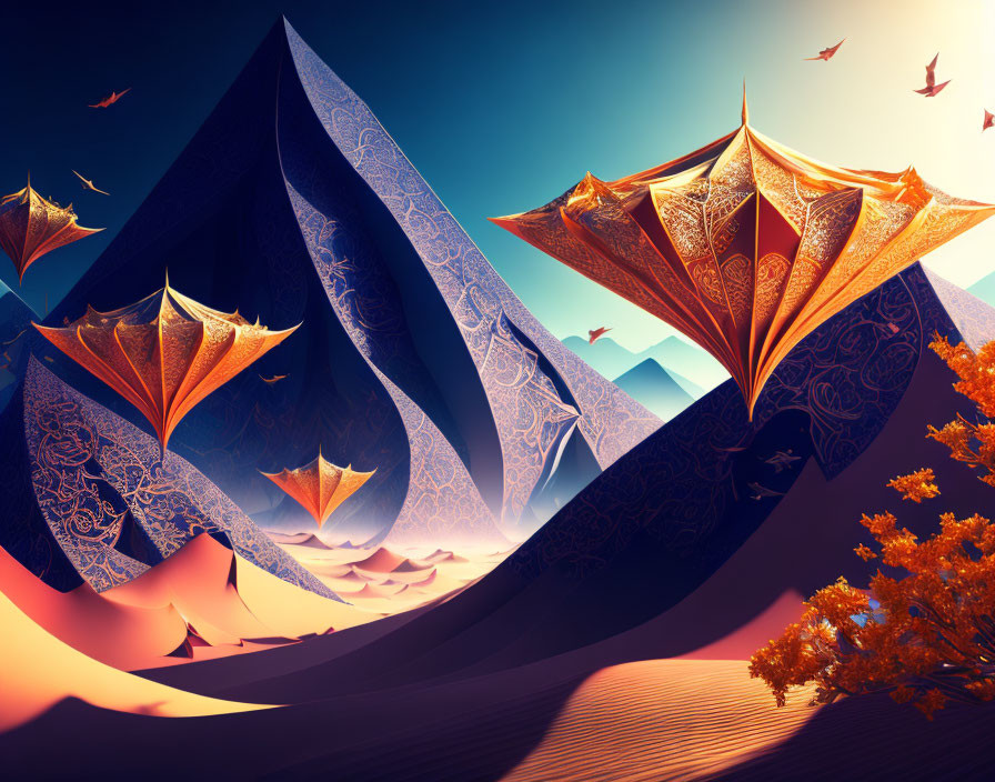Colorful illustration of patterned mountains, trees, and flying objects in a desert landscape