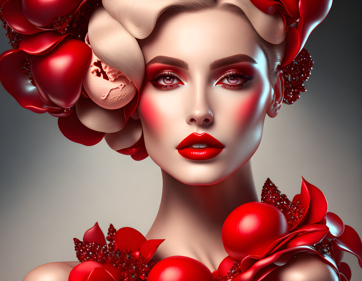 Artistic portrait of woman with red floral hair adornments and makeup