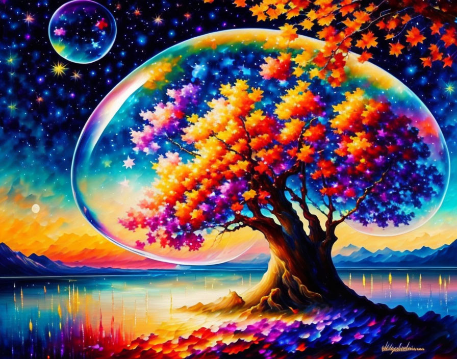 Colorful Tree Painting Under Starry Sky with Planets and Water Reflections