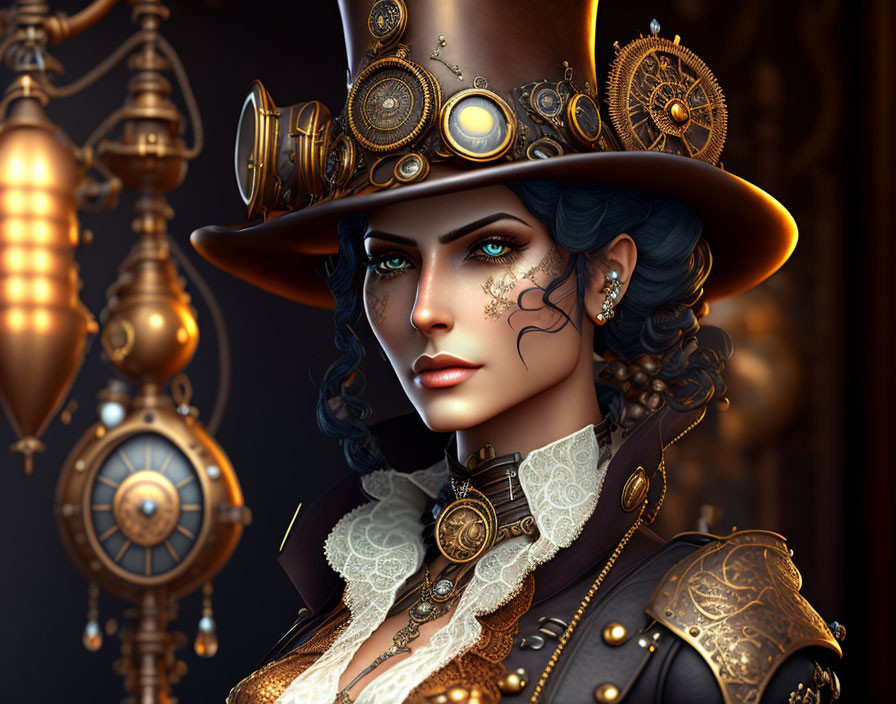 Steampunk-inspired woman with gear decorations and victorian flair