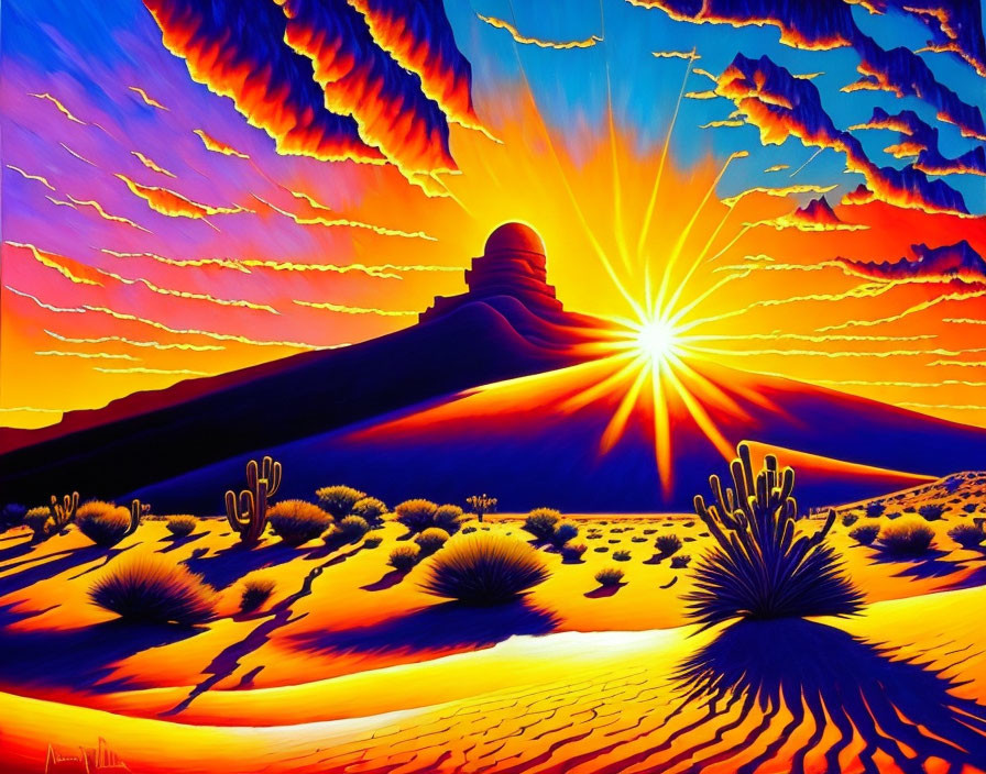 Colorful Stylized Desert Sunrise with Mountain and Cacti