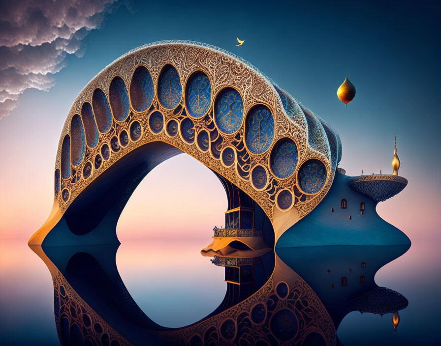 Intricate arch structure over calm sea at sunset with moon and hot air balloon