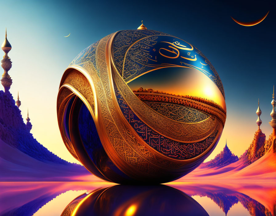 Ornate 3D-rendered sphere with Islamic calligraphy and patterns on reflective surface