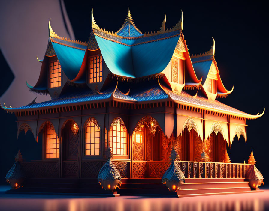 Fantasy palace with intricate patterns and ornate rooftops in blue and gold hues