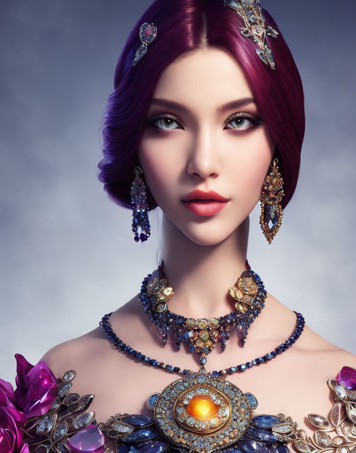 Colorful Portrait of Woman with Purple Hair and Gemstone Jewelry