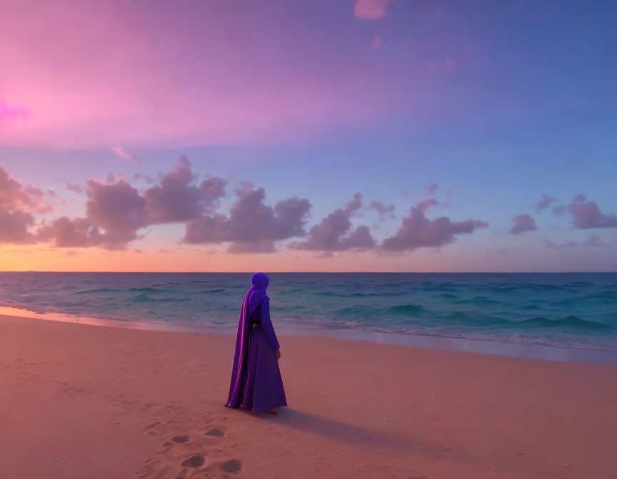Purple-garbed person on beach at sunset with pastel skies & ocean waves