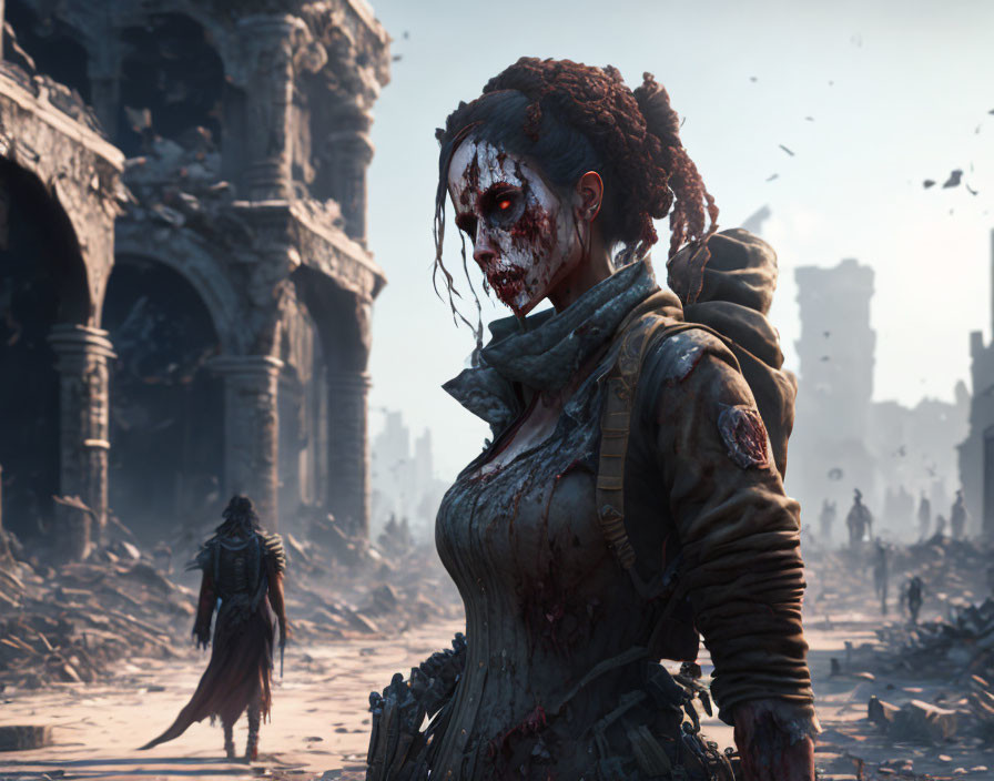 Post-apocalyptic scene with woman and zombie-like figures in ruins