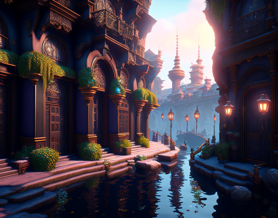 Twilight fantasy canal city with ornate buildings and glowing lanterns