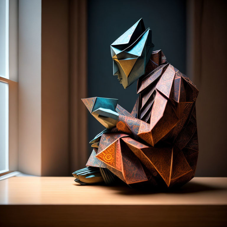 Intricate Origami Figure of Person Reading Book on Patterned Paper