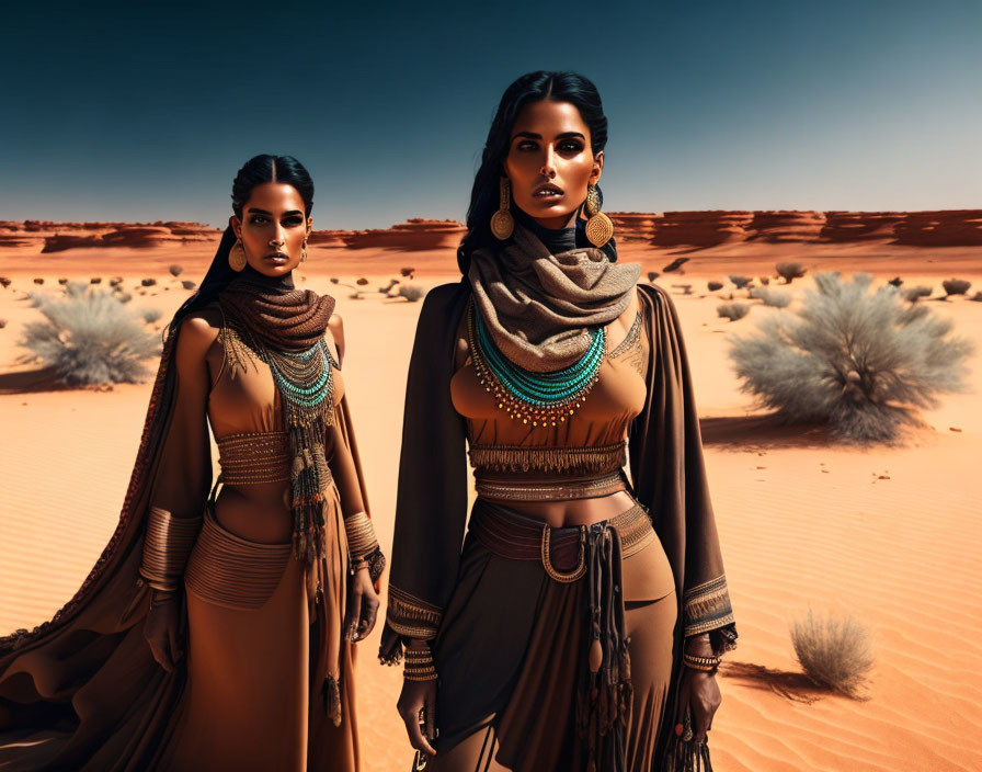 Two Women in Desert Attire with Ornate Jewelry in Sandy Landscape