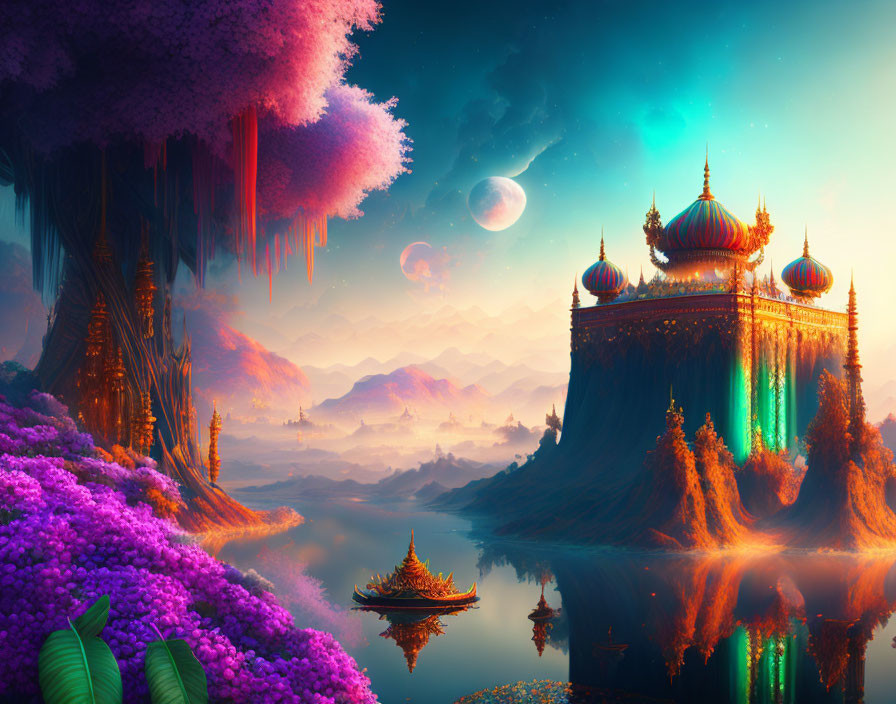 Fantasy landscape with majestic palace on floating island, exotic flora, reflective lake, distant moon