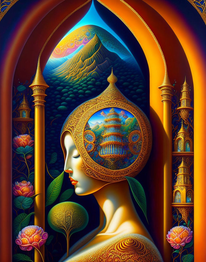 Colorful stylized image: Woman's profile with intricate patterns and scenic landscape in headpiece