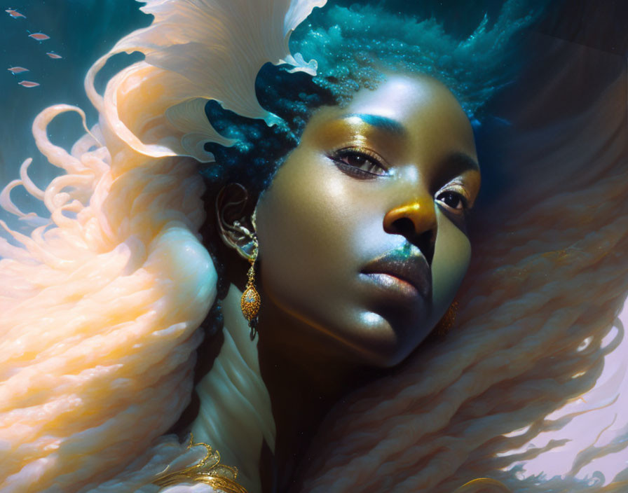 Surreal portrait of woman with blue hair and gold jewelry in dreamlike setting