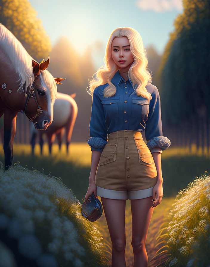 Digital artwork of woman in denim shirt and tan skirt with camera, horse in sunlit field.