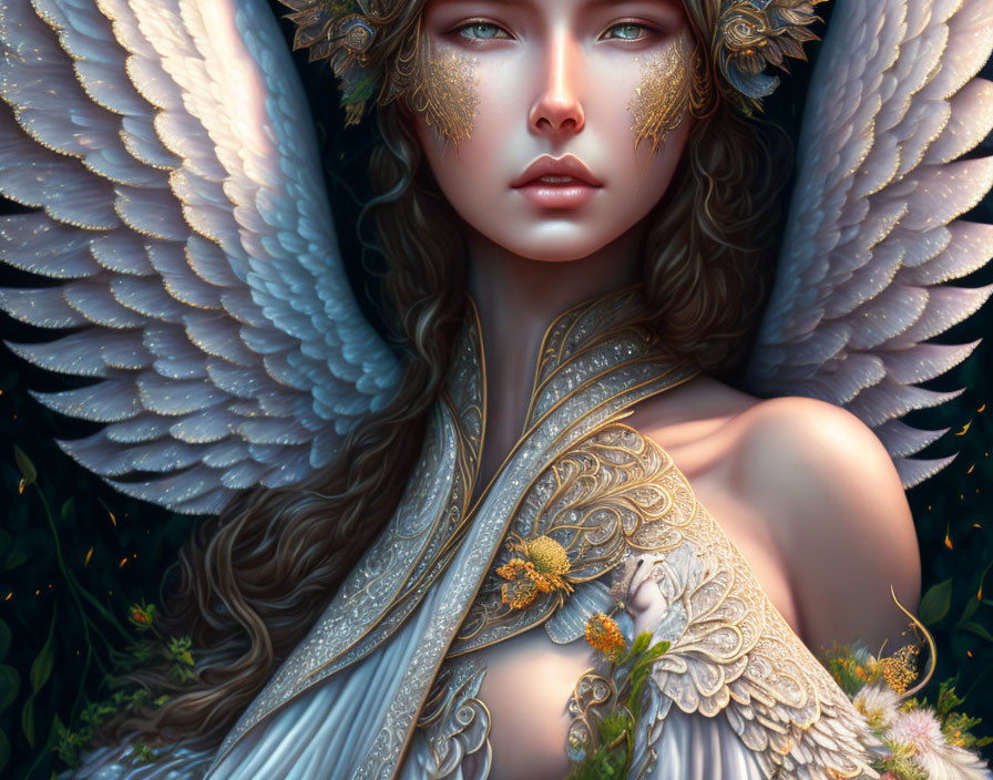 Ethereal figure in golden armor with delicate wings among lush greenery