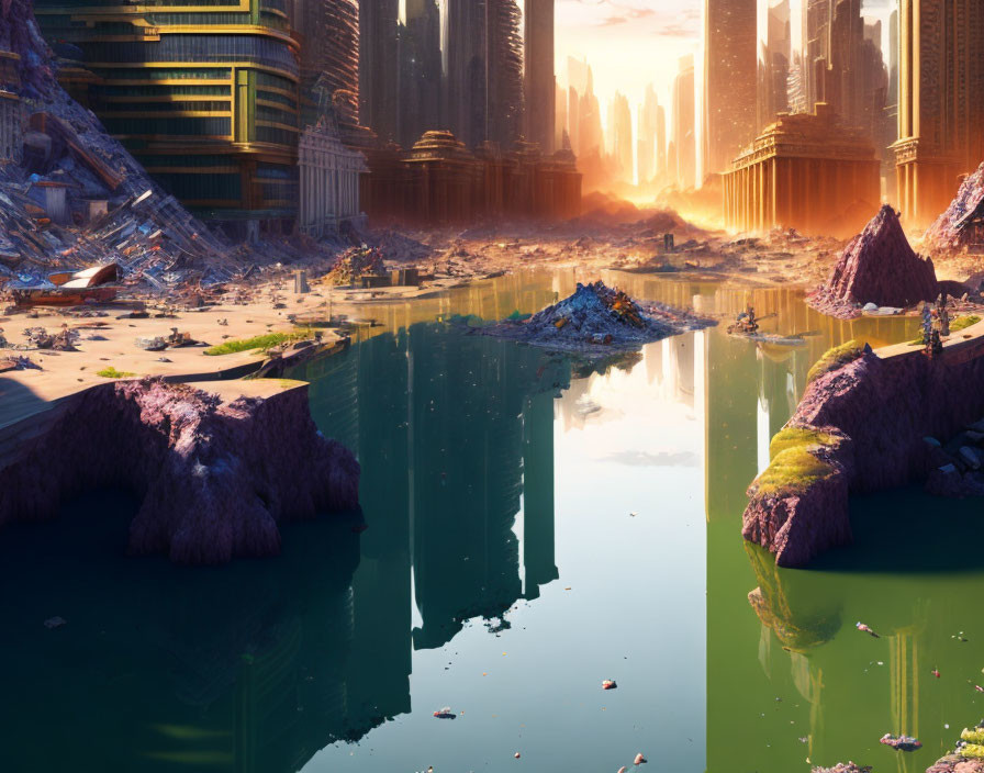 Futuristic cityscape with skyscrapers, river, ruins, and cliffs at sunset