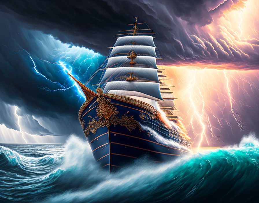 Sailing ship in turbulent seas during thunderstorm