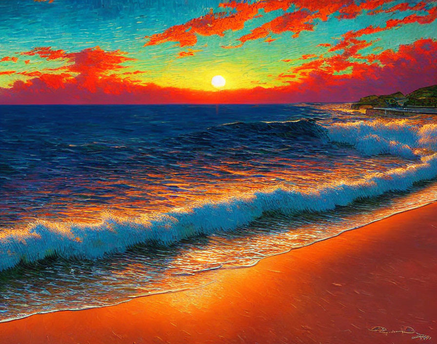 Scenic sunset beach painting with orange and blue sky