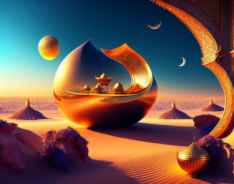 Surreal desert landscape with golden structures under orange sky