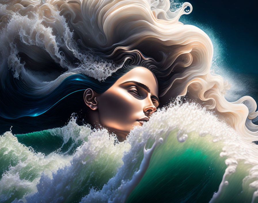 Surreal illustration: Female figure merging with ocean waves under dynamic sky
