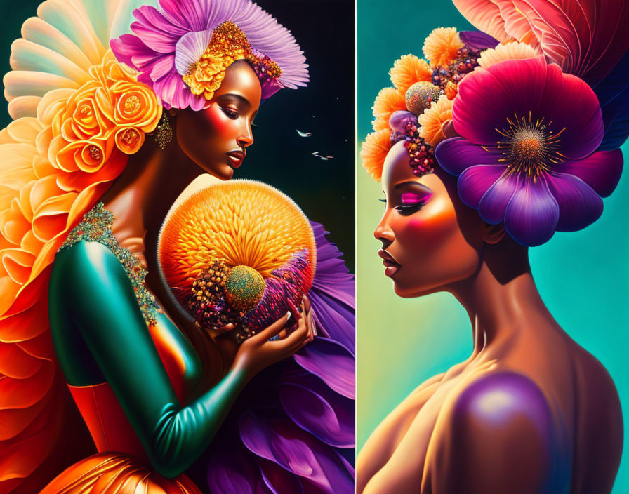 Colorful Digital Paintings: Woman with Oversized Flowers in Profile and Frontal Views
