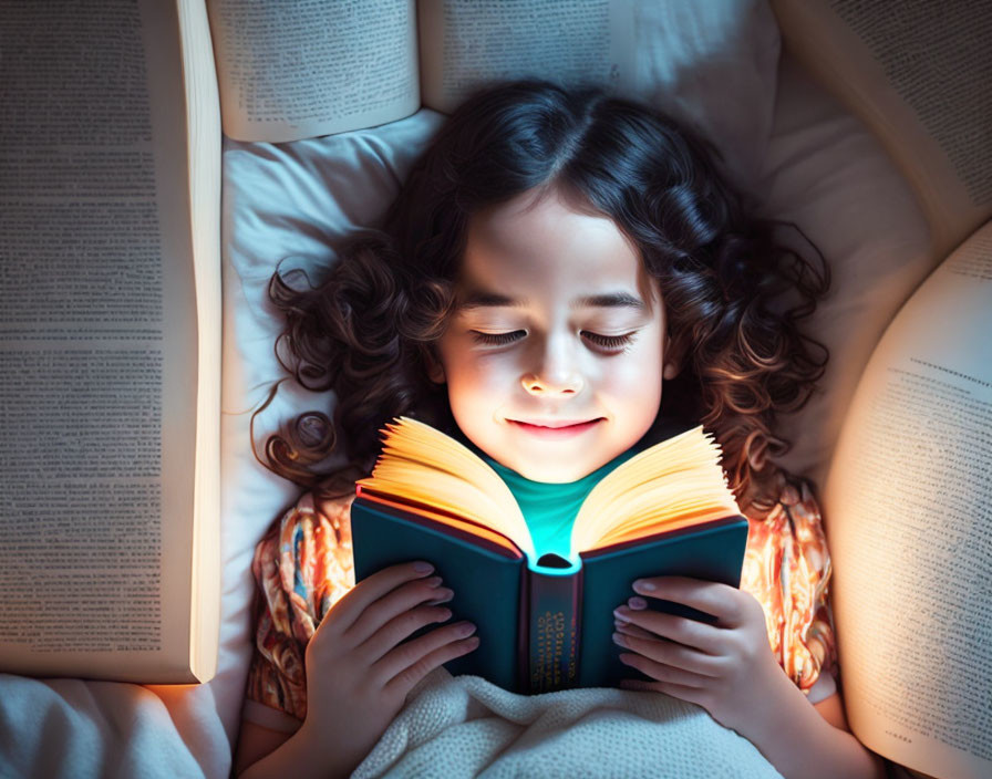 Young child with curly hair reading in bed surrounded by books