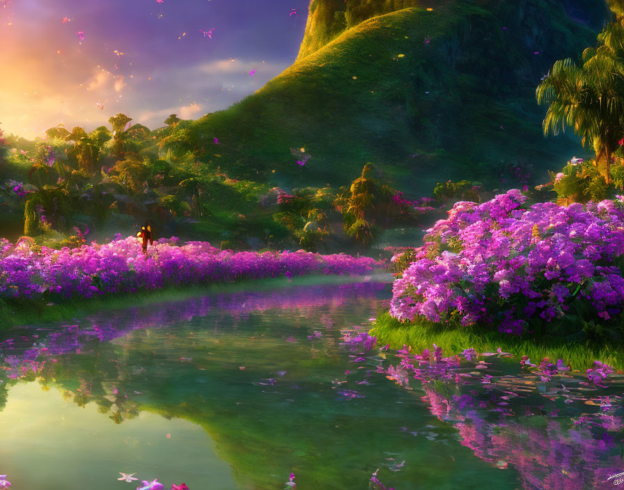 Tranquil fantasy landscape with vibrant flowers, reflective lake, lush greenery, birds, sunset sky