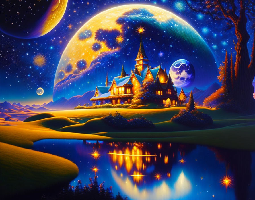 Fantasy night landscape with castle, moons, stars, and serene lake