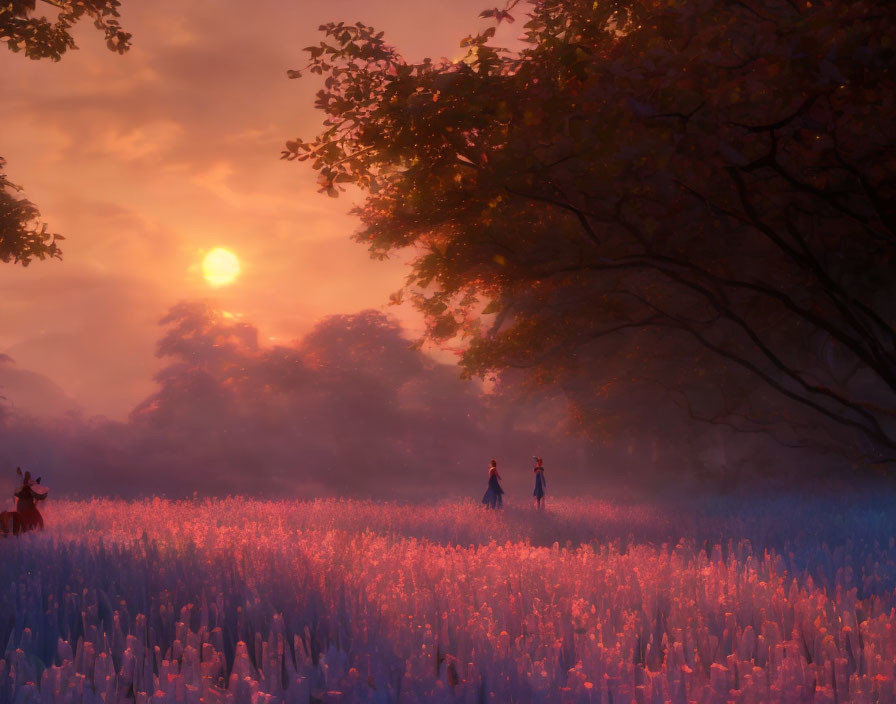 Tranquil sunset scene: Two people walking in purple-flowered field under large tree