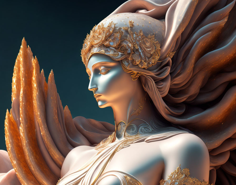 Golden headgear & flowing hair on serene female figure in 3D illustration