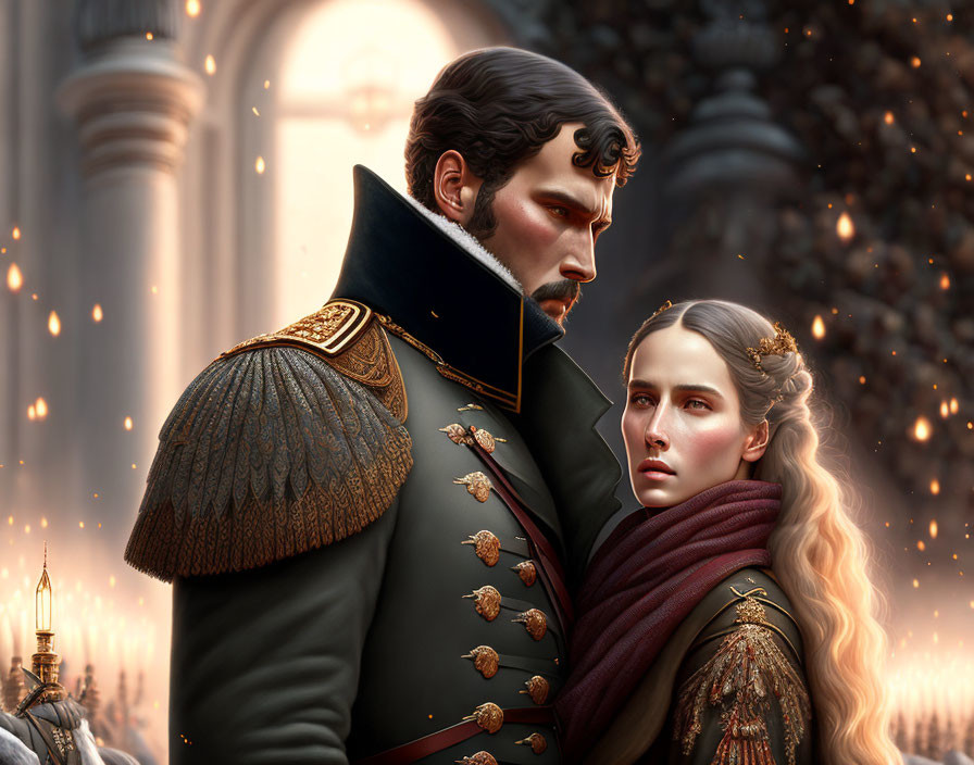 Detailed digital illustration of stern man and woman in historical attire with elegant architecture backdrop.