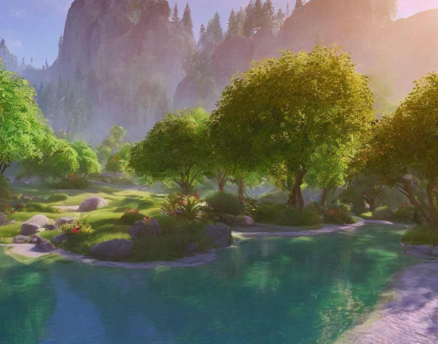 Tranquil landscape with lush green trees, blue river, and sunlight filtering through foliage