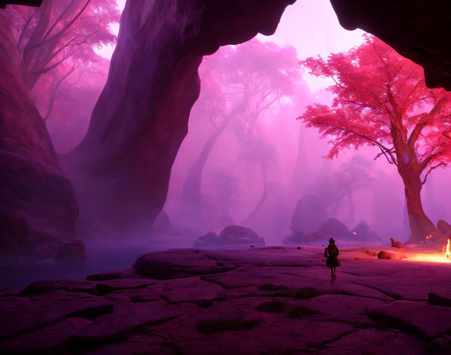 Mystical Purple Forest with Silhouetted Figure and Glowing Fire