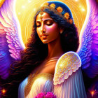 Golden-winged angel with halo and ornate jewelry on celestial background