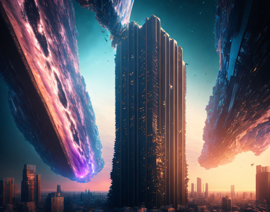 Futuristic cityscape with towering skyscraper and glowing space objects