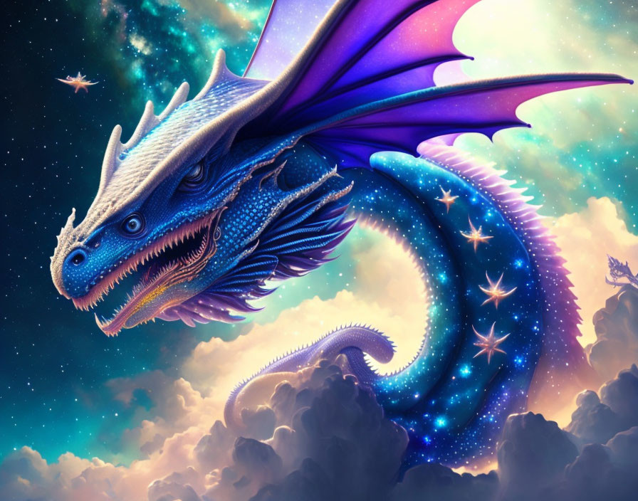 Blue dragon with purple wings flying in starry sky