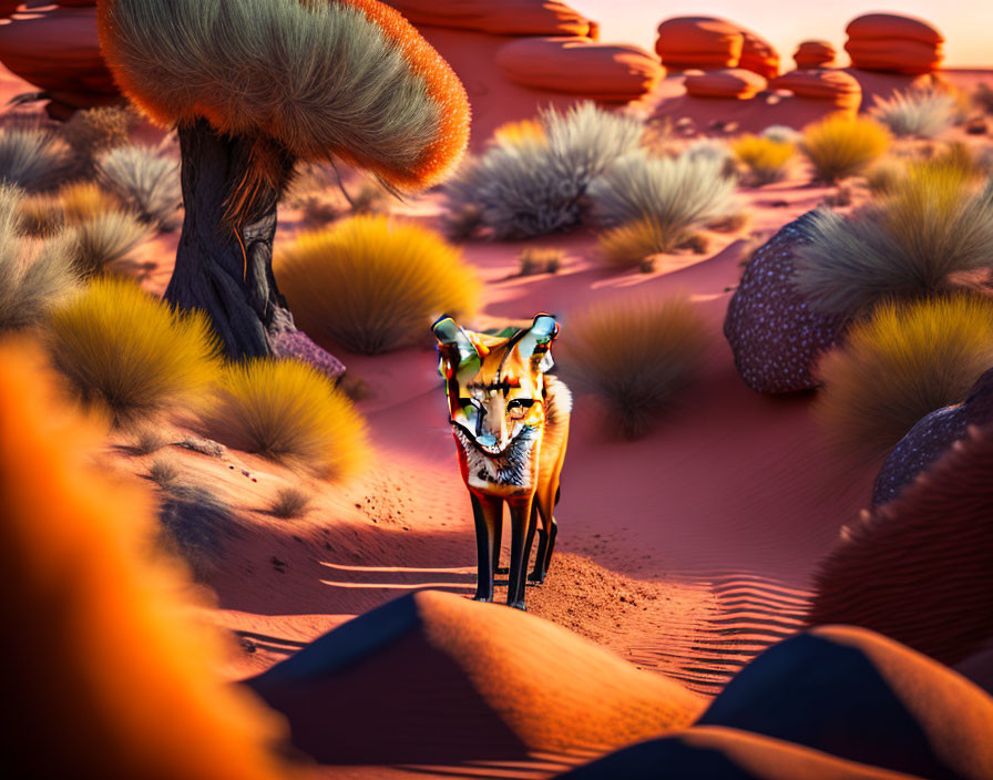 Fox in surreal desert with orange dunes, fluffy trees, and rock formations
