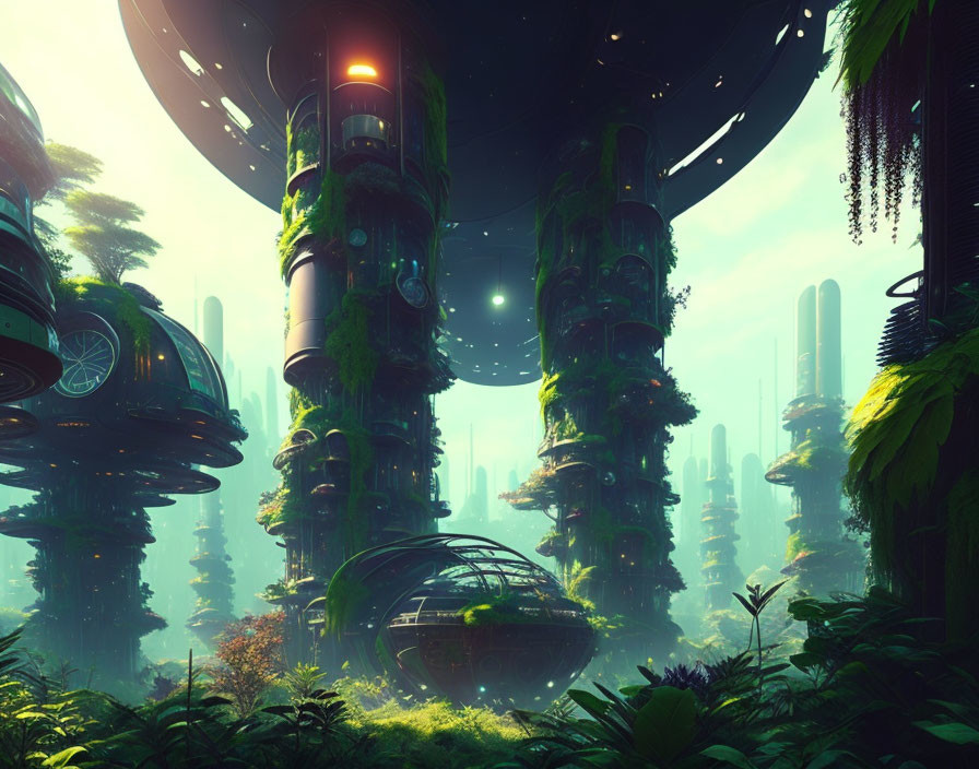 Futuristic towering structures in lush greenery landscape