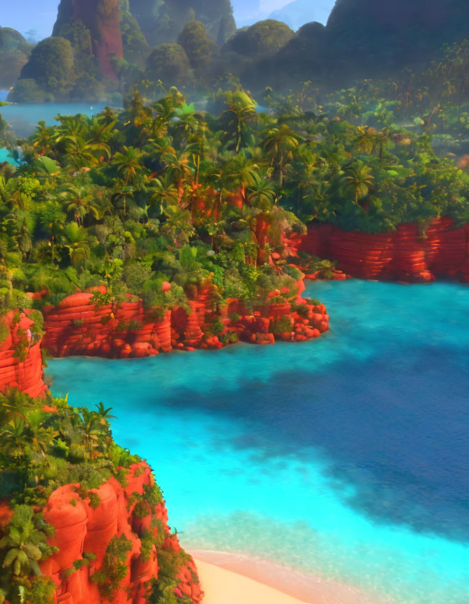 Tropical paradise with greenery, red cliffs, and blue waters