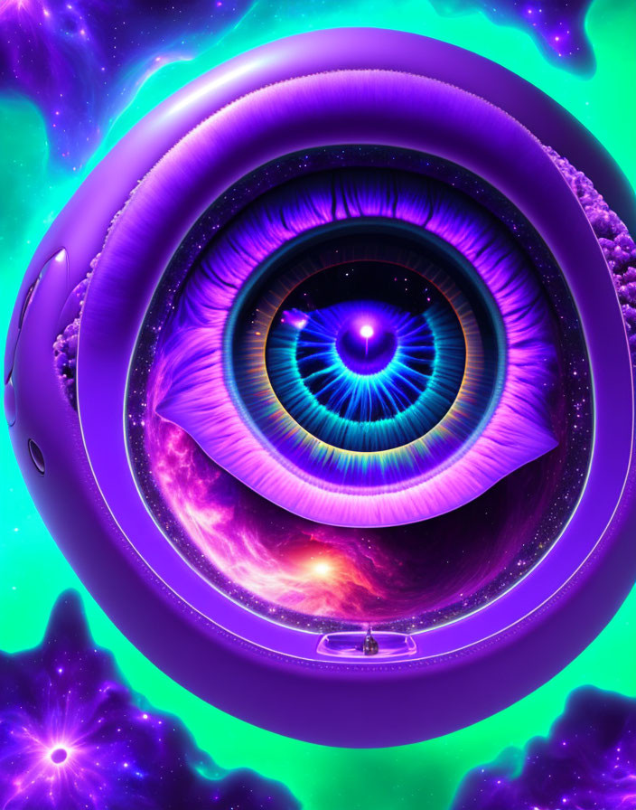 Gigantic purple eye in cosmic scene with nebulae and stars