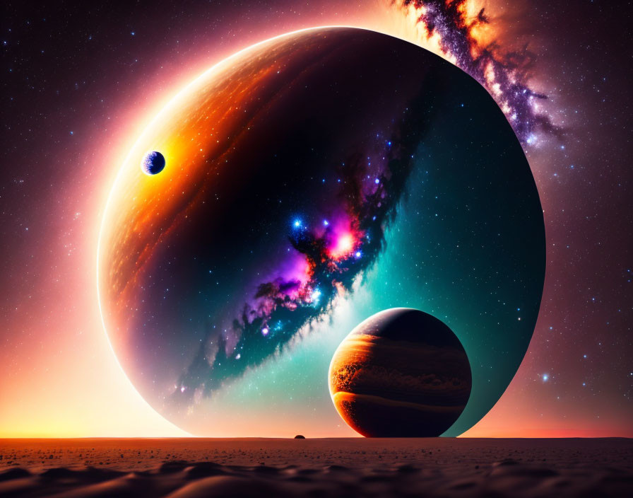 Surreal space scene: planet, moon, starry nebula, alien terrain, twilight sky