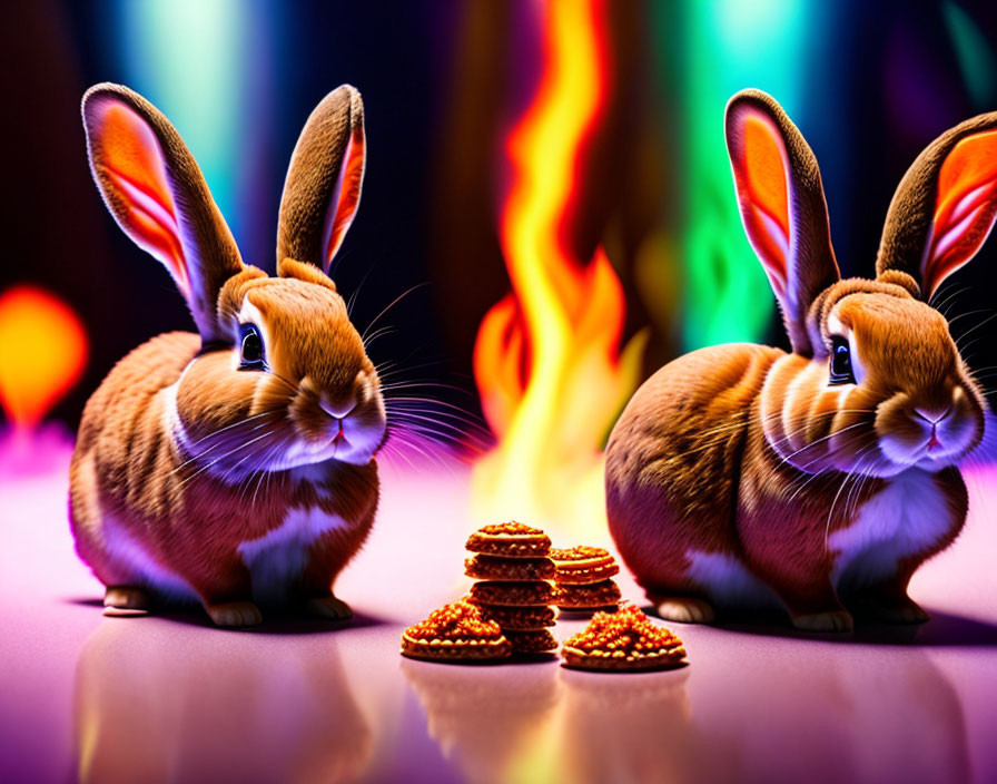 Colorful Lighting: Two Rabbits and Cookies with Flame Backdrop