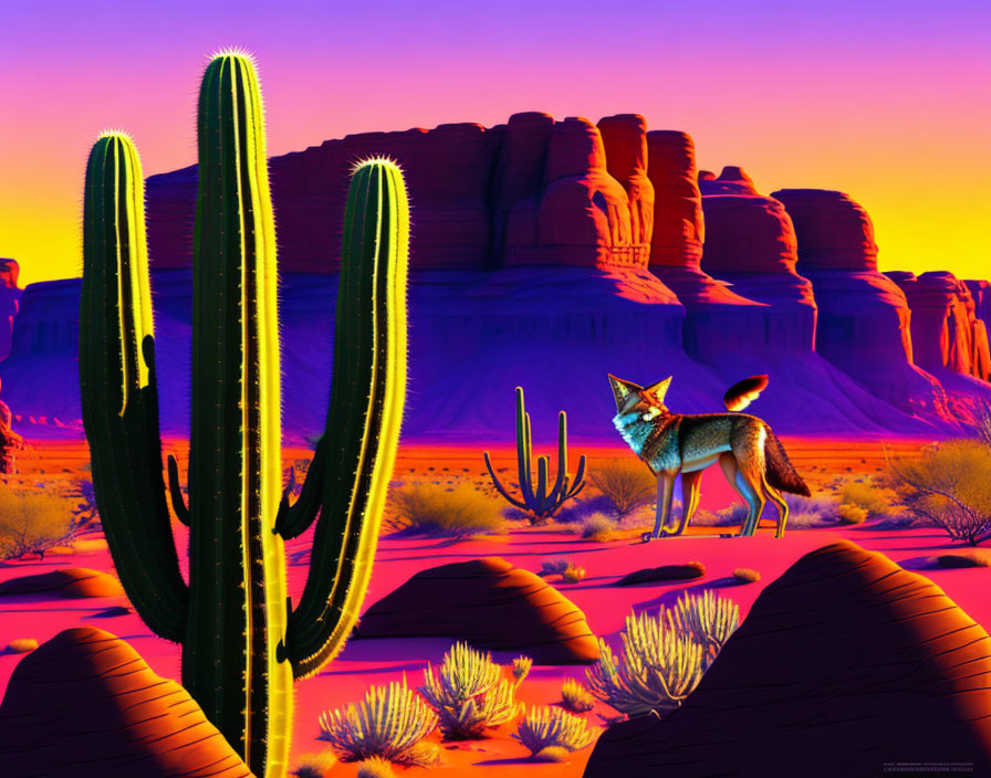 Vivid Desert Landscape with Cacti, Fox, and Purple Dusk Sky