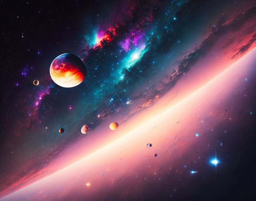 Colorful Cosmic Scene with Large Planet, Celestial Bodies, and Bright Star