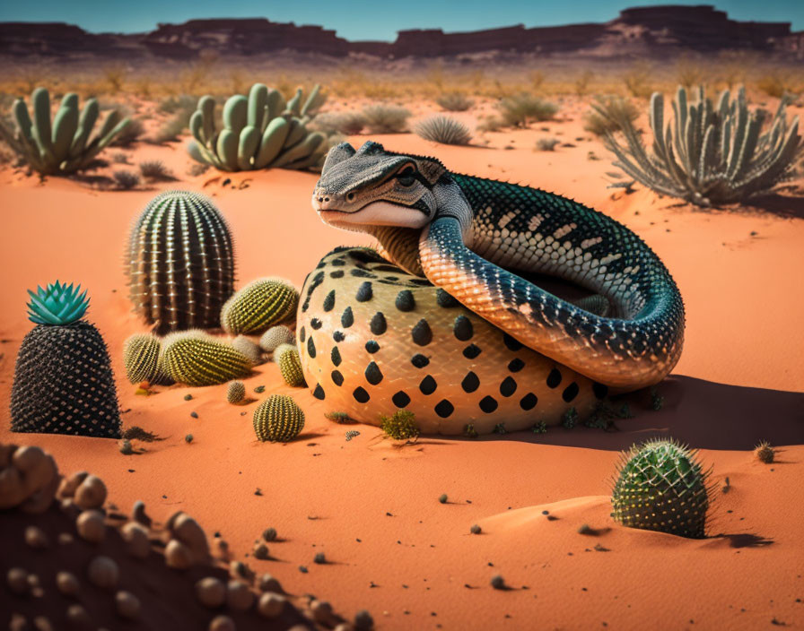 Digital artwork of snake with lizard head on dotted ball in desert with cacti
