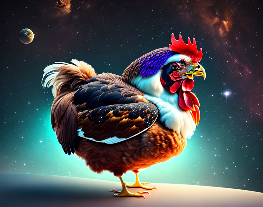 Colorful Rooster Artwork with Cosmic Background