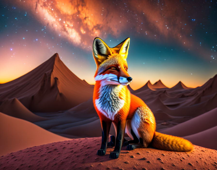 Red Fox Sitting on Desert Dune at Twilight Sky with Galaxy Background