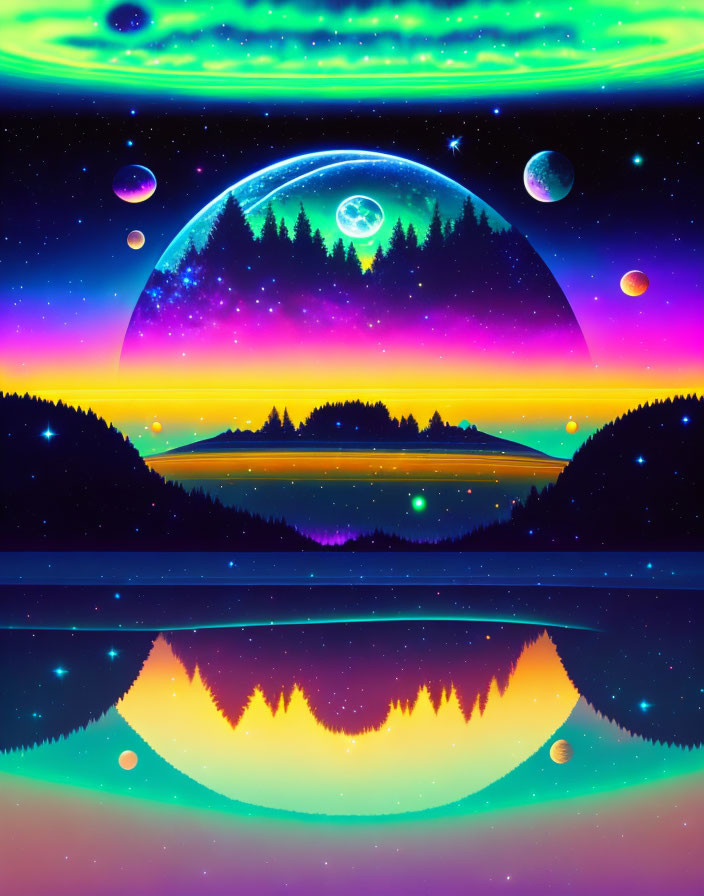 Surreal landscape digital artwork with forest silhouette, planets, stars, lake reflection.
