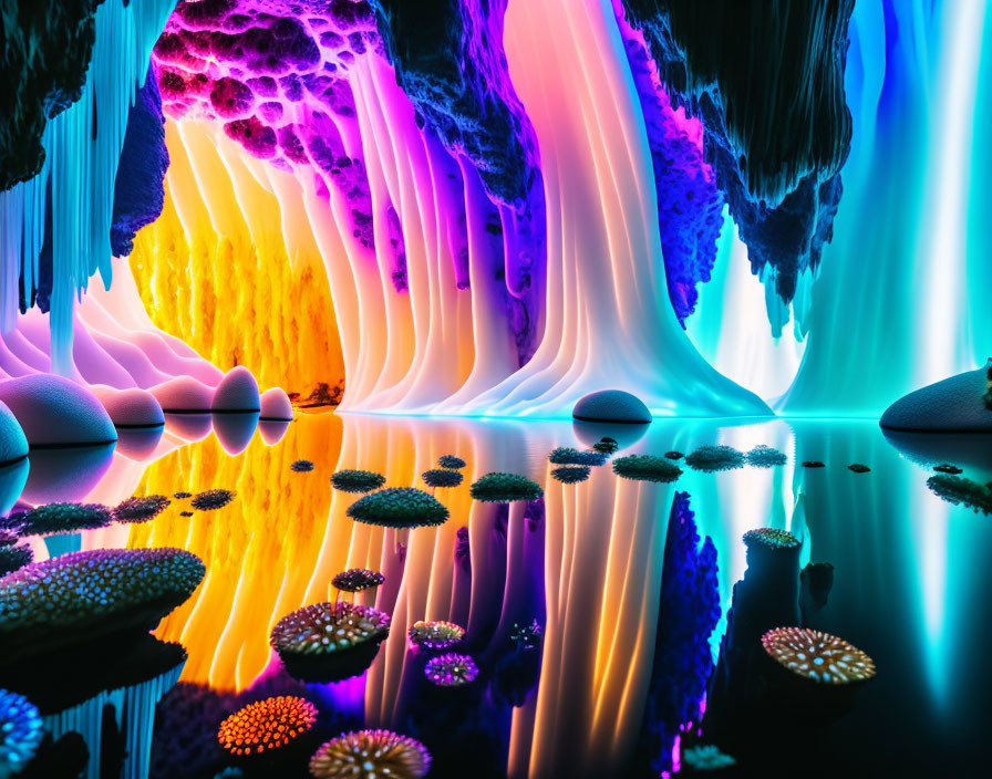 Colorful Psychedelic Cave with Floating Orbs and Reflective Water