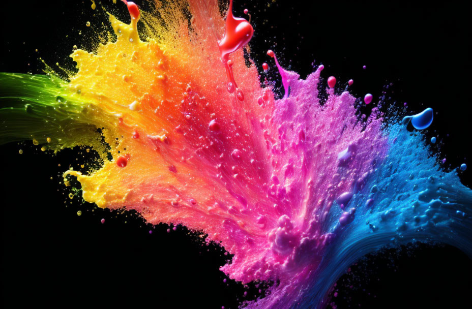 Colorful ink splashes merge in mid-air on black background - dynamic abstract display